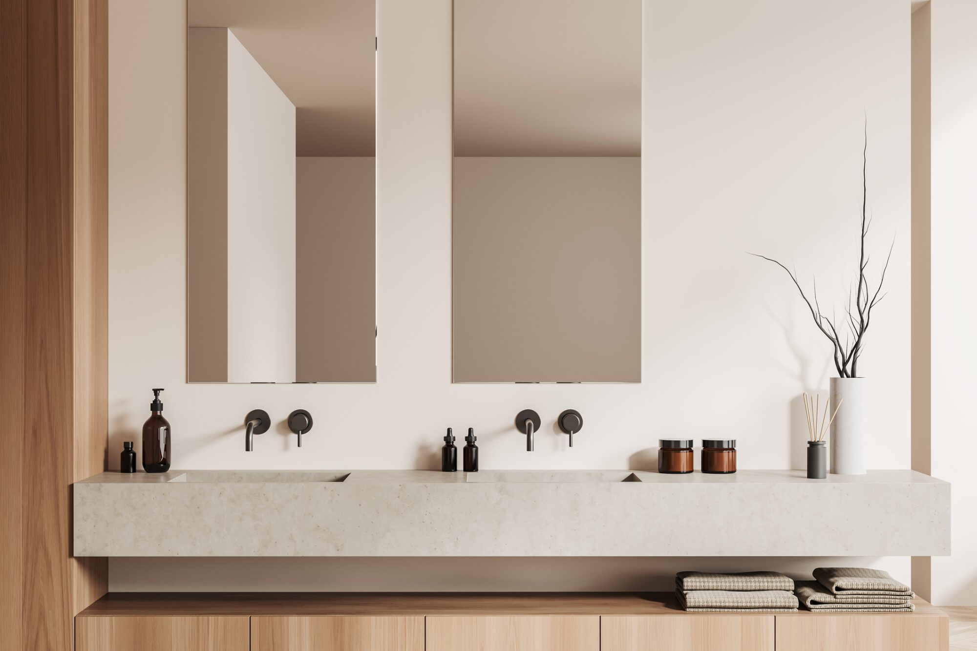 Schuster Innenausbau aus Salach – Cozy bathroom interior with washbasins and mirror, accessories on deck